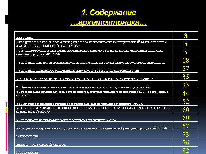 1. Содержание …архитектоника… ВВЕДЕНИЕ 1 ТЕОРЕТИЧЕСКИЕ ОСНОВЫ ФУНКЦИОНИРОВАНИЯ УНИТАРНЫХ ПРЕДПРИЯТИЙ МИНИСТЕРСТВА ОБОРОНЫ В СОВРЕМЕННОЙ
