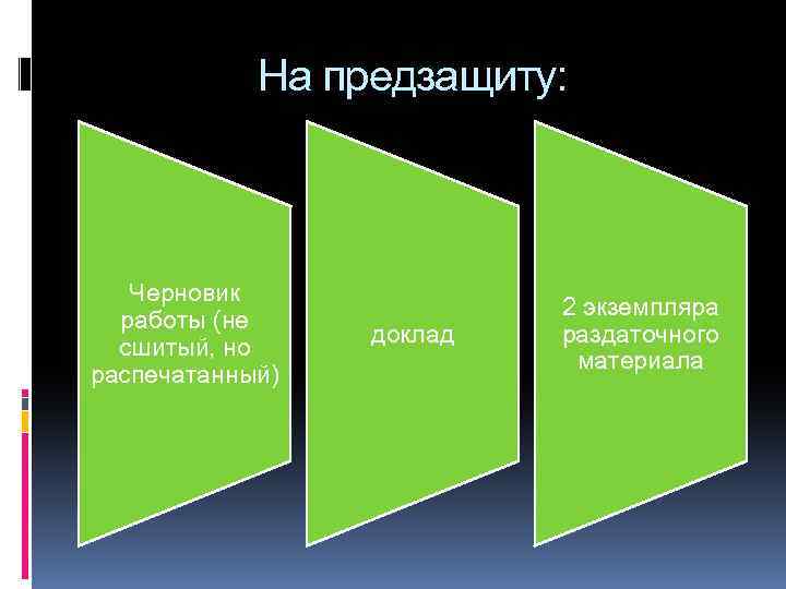 На предзащиту: Черновик работы (не сшитый, но распечатанный) доклад 2 экземпляра раздаточного материала 