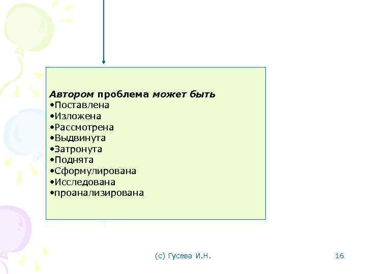 Автором проблема может быть • Поставлена • Изложена • Рассмотрена • Выдвинута • Затронута