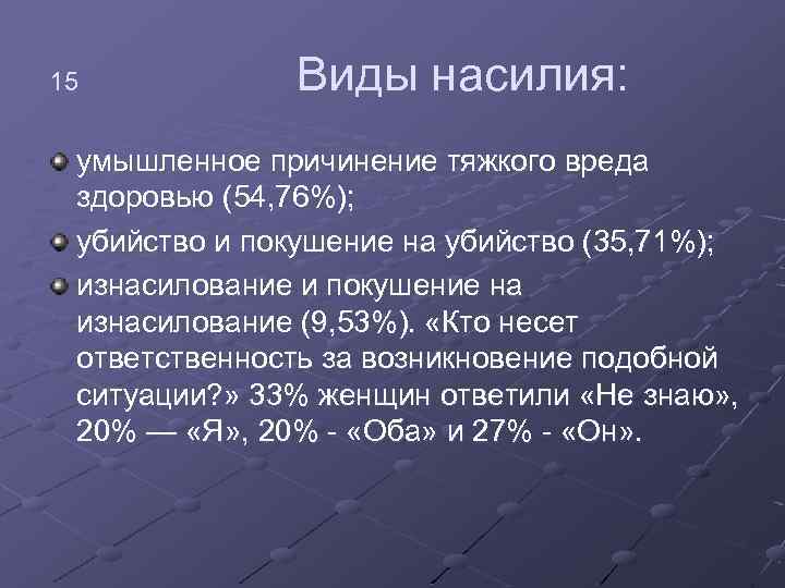 15 Виды насилия: умышленное причинение тяжкого вреда здоровью (54, 76%); убийство и покушение на