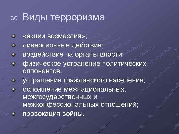 30 Виды терроризма «акции возмездия» ; диверсионные действия; воздействие на органы власти; физическое устранение