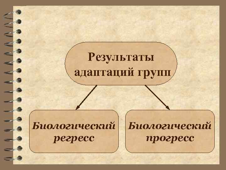 Результаты адаптаций групп Биологический регресс Биологический прогресс 