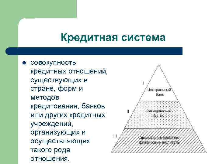 Кредитная система l совокупность кредитных отношений, существующих в стране, форм и методов кредитования, банков