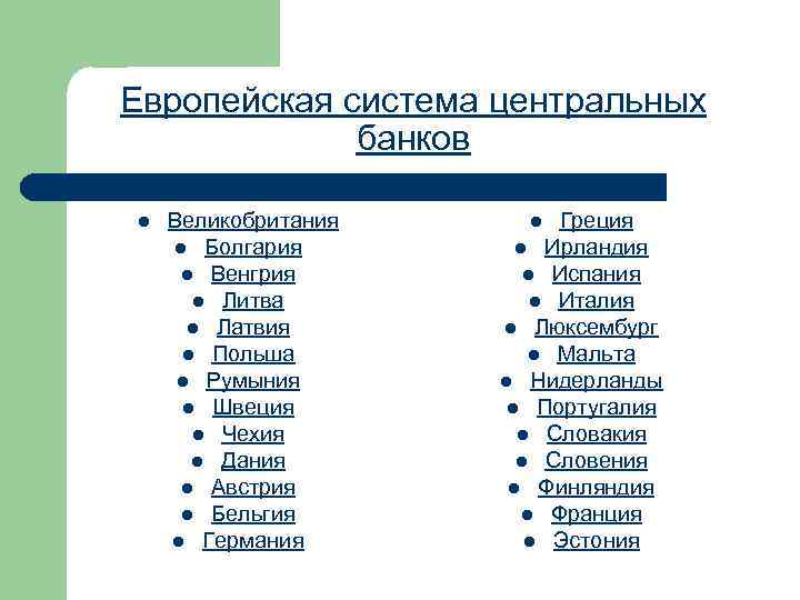 Европейская система центральных банков l Великобритания l Болгария l Венгрия l Литва l Латвия