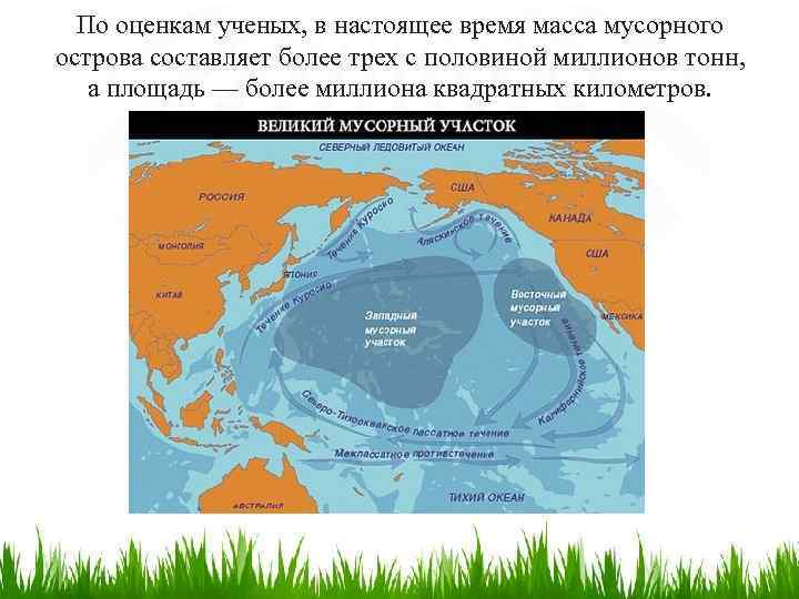По оценкам ученых, в настоящее время масса мусорного острова составляет более трех с половиной