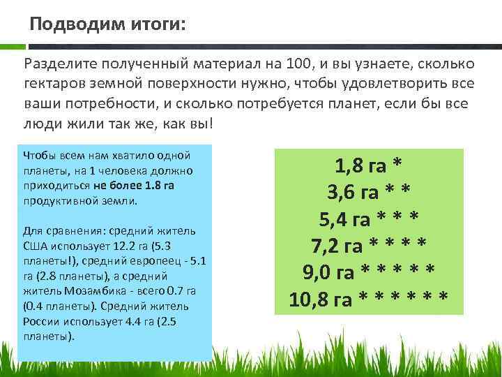 Подводим итоги: Разделите полученный материал на 100, и вы узнаете, сколько гектаров земной поверхности