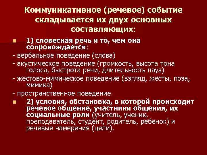 Коммуникативное (речевое) событие складывается их двух основных составляющих: 1) словесная речь и то, чем