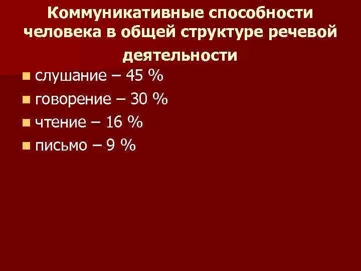 Коммуникативные способности человека в общей структуре речевой деятельности n слушание – 45 % n