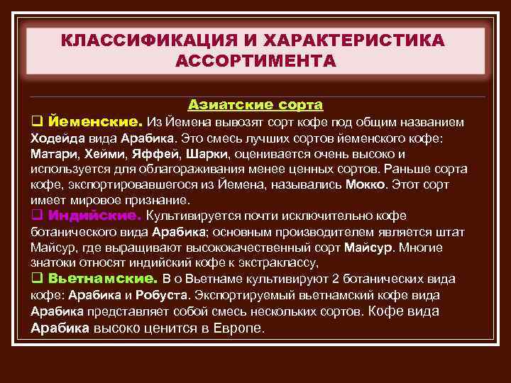 КЛАССИФИКАЦИЯ И ХАРАКТЕРИСТИКА АССОРТИМЕНТА Азиатские сорта q Йеменские. Из Йемена вывозят сорт кофе под