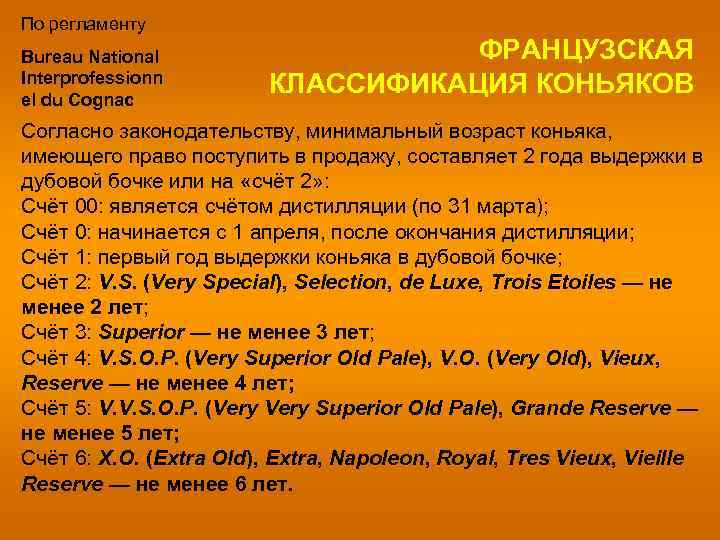 По регламенту Bureau National Interprofessionn el du Cognac ФРАНЦУЗСКАЯ КЛАССИФИКАЦИЯ КОНЬЯКОВ Согласно законодательству, минимальный