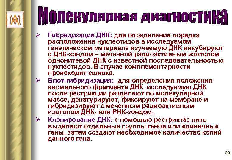 Ø Ø Ø Гибридизация ДНК: для определения порядка расположения нуклеотидов в исследуемом генетическом материале