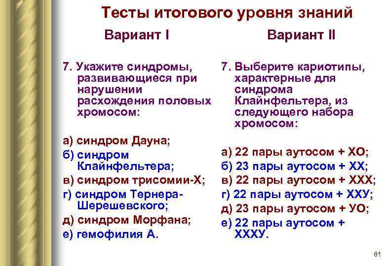Тесты итогового уровня знаний Вариант II 7. Укажите синдромы, 7. Выберите кариотипы, развивающиеся при