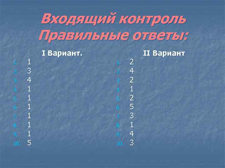 Входящий контроль Правильные ответы: 1. 2. 3. 4. 5. 6. 7. 8. 9. 10.