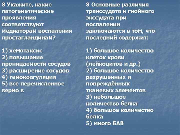 8 Укажите, какие патогенетические проявления соответствуют медиаторам воспаления простагландинам? 8 Основные различия транссудата и