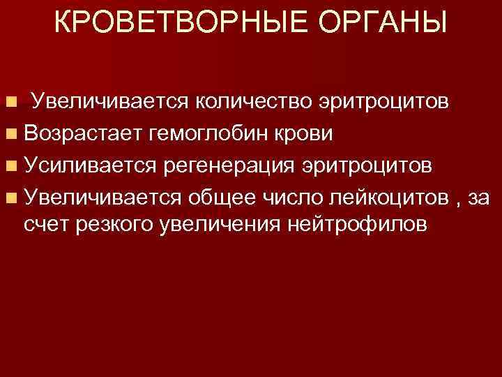 КРОВЕТВОРНЫЕ ОРГАНЫ Увеличивается количество эритроцитов n Возрастает гемоглобин крови n Усиливается регенерация эритроцитов n