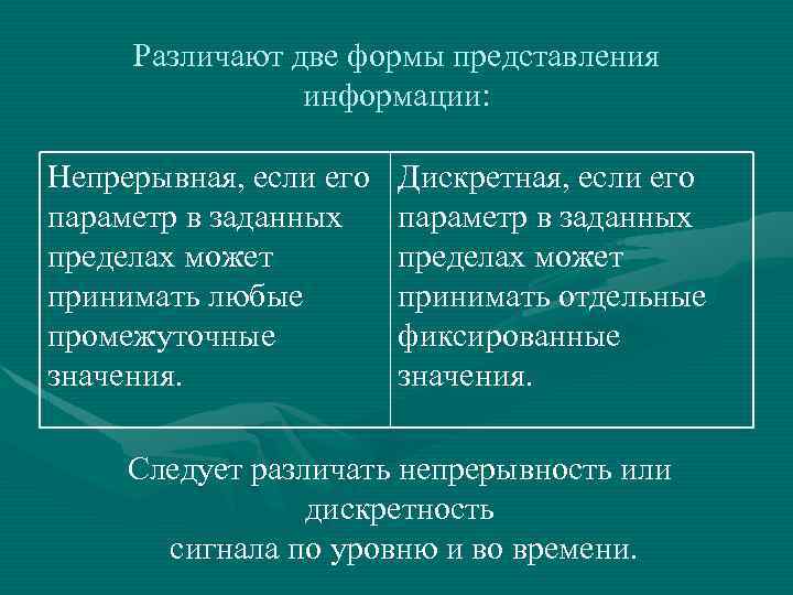 Различают две формы представления информации: Непрерывная, если его параметр в заданных пределах может принимать
