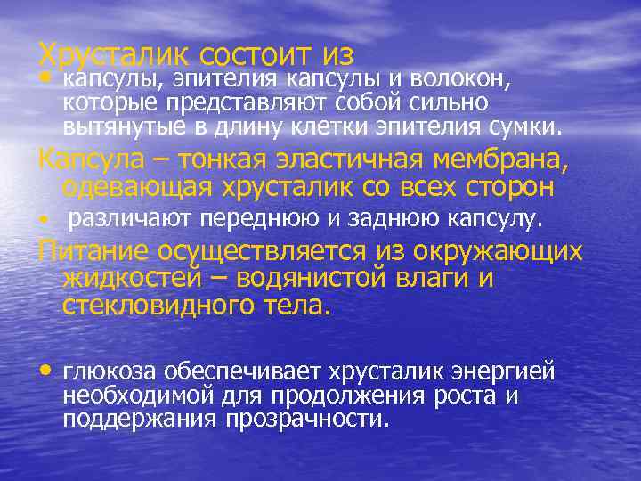 Хрусталик состоит из • капсулы, эпителия капсулы и волокон, которые представляют собой сильно вытянутые