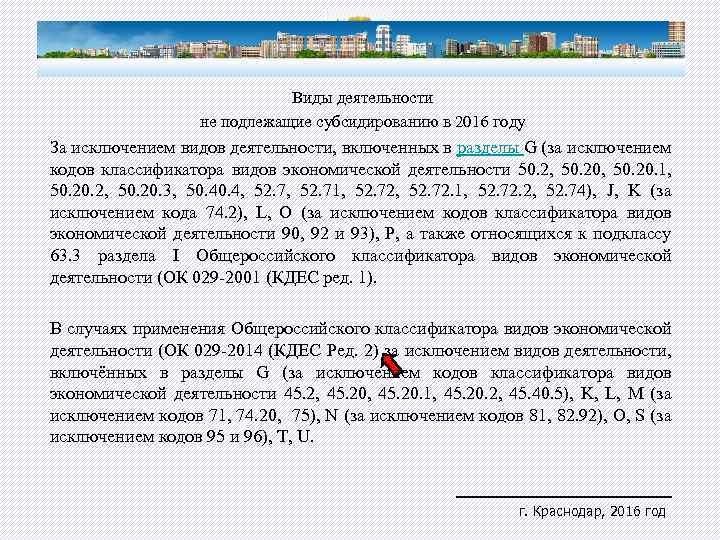 Виды деятельности не подлежащие субсидированию в 2016 году За исключением видов деятельности, включенных в
