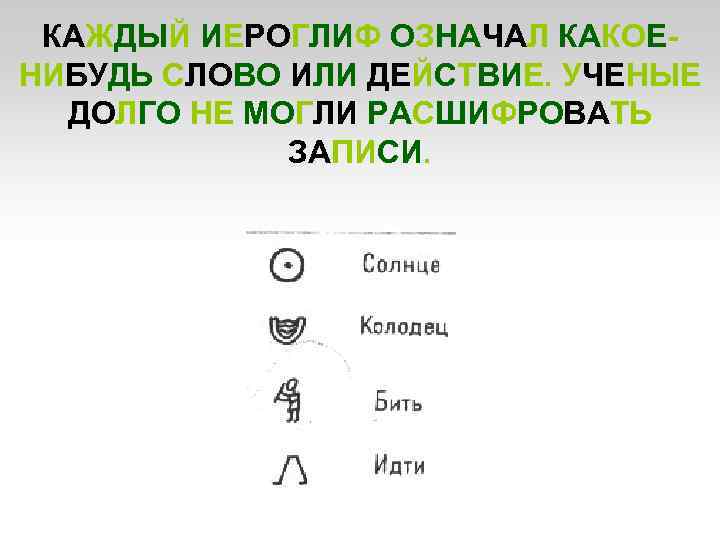 КАЖДЫЙ ИЕРОГЛИФ ОЗНАЧАЛ КАКОЕНИБУДЬ СЛОВО ИЛИ ДЕЙСТВИЕ. УЧЕНЫЕ ДОЛГО НЕ МОГЛИ РАСШИФРОВАТЬ ЗАПИСИ. 