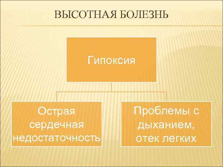 ВЫСОТНАЯ БОЛЕЗНЬ Гипоксия Острая сердечная недостаточность Проблемы с дыханием, отек легких 