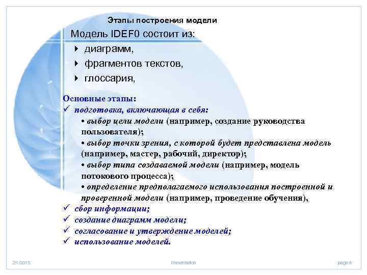 Этапы построения модели Модель IDEF 0 состоит из: 4 диаграмм, 4 фрагментов текстов, 4