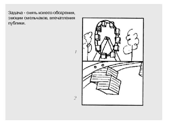 Задача - снять колесо обозрения, эмоции смельчаков, впечатления публики. 