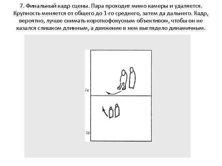 7. Финальный кадр сцены. Пара проходит мимо камеры и удаляется. Крупность меняется от общего