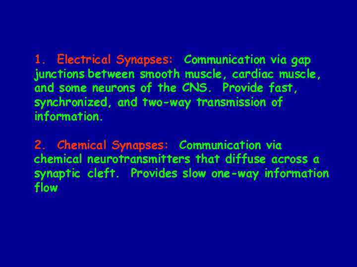 1. Electrical Synapses: Communication via gap junctions between smooth muscle, cardiac muscle, and some
