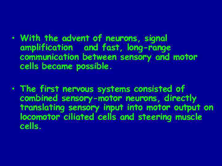  • With the advent of neurons, signal amplification and fast, long-range communication between