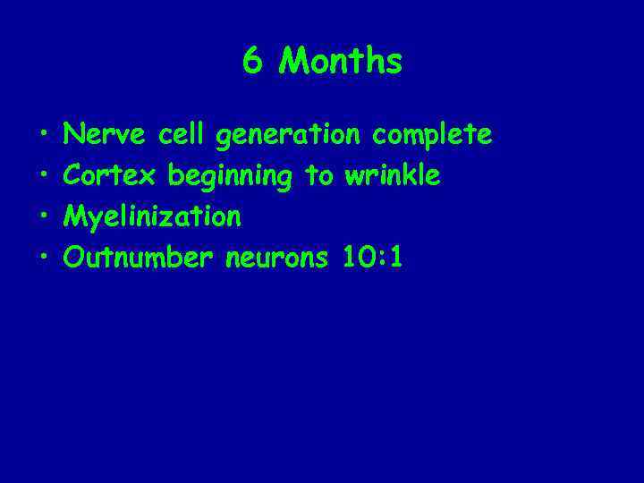 6 Months • • Nerve cell generation complete Cortex beginning to wrinkle Myelinization Outnumber