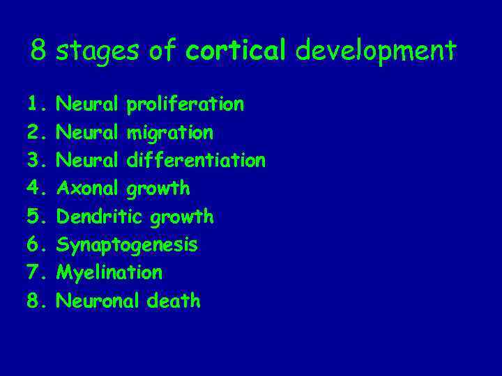 8 stages of cortical development 1. 2. 3. 4. 5. 6. 7. 8. Neural