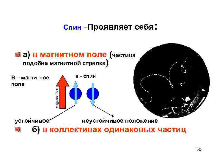Спин –Проявляет себя: а) в магнитном поле (частица подобна магнитной стрелке) В – магнитное