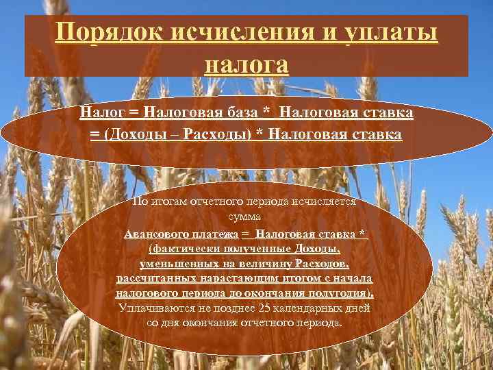 Порядок исчисления и уплаты налога Налог = Налоговая база * Налоговая ставка = (Доходы