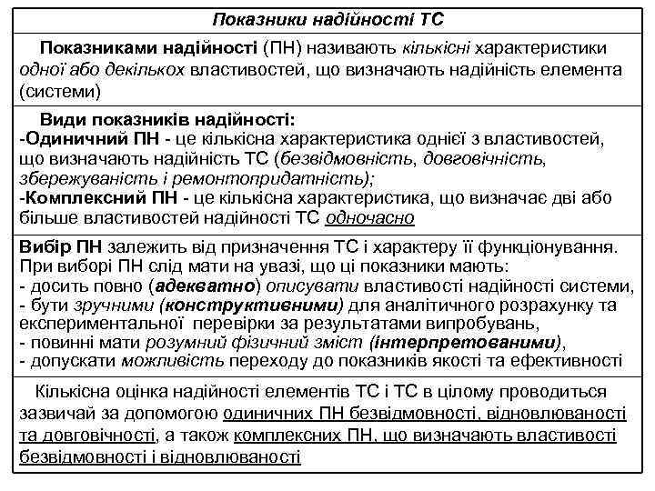 Показники надійності ТС Показниками надійності (ПН) називають кількісні характеристики одної або декількох властивостей, що