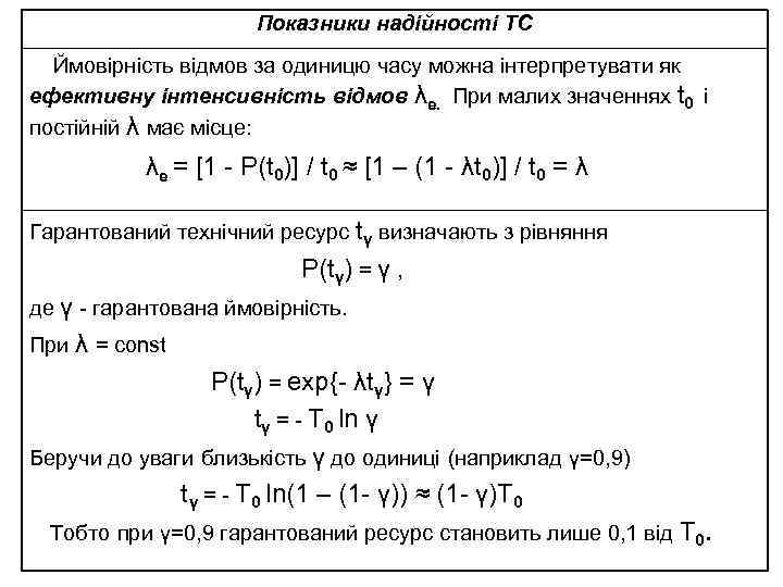 Показники надійності ТС Ймовірність відмов за одиницю часу можна інтерпретувати як ефективну інтенсивність відмов