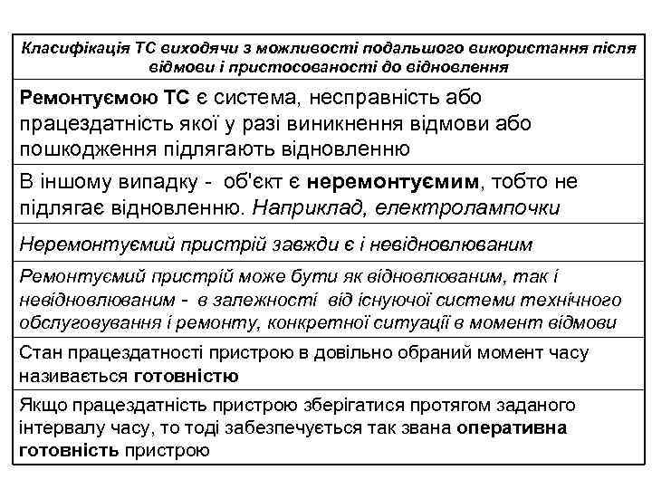 Класифікація ТС виходячи з можливості подальшого використання після відмови і пристосованості до відновлення Ремонтуємою