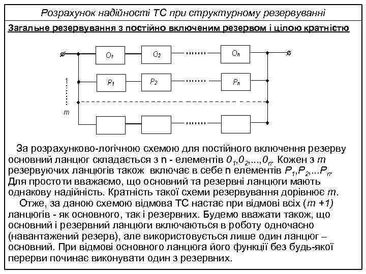 Розрахунок надійності ТС при структурному резервуванні Загальне резервування з постійно включеним резервом і цілою