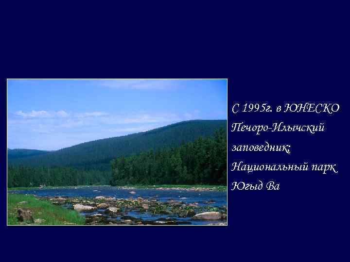 С 1995 г. в ЮНЕСКО Печоро-Илычский заповедник; Национальный парк Югыд Ва 