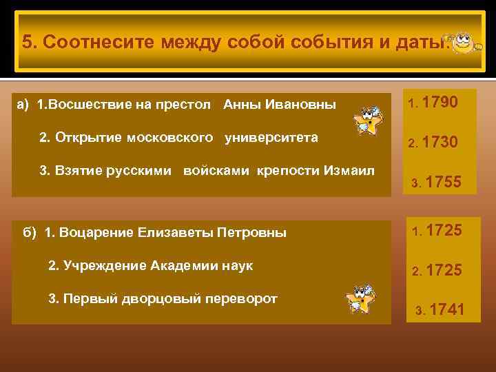 5. Соотнесите между собой события и даты: а) 1. Восшествие на престол Анны Ивановны