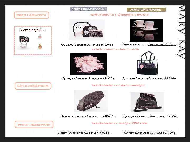 вкладывается с февраля по апрель Значок «Клуб 100» Суммарный заказ за 3 месяца от
