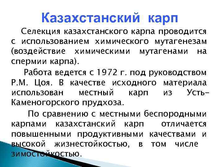Казахстанский карп Селекция казахстанского карпа проводится с использованием химического мутагенезам (воздействие химическими мутагенами на