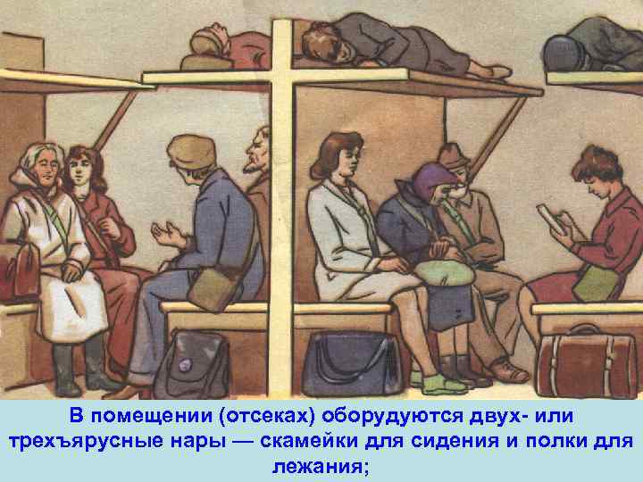 В помещении (отсеках) оборудуются двух или трехъярусные нары — скамейки для сидения и полки