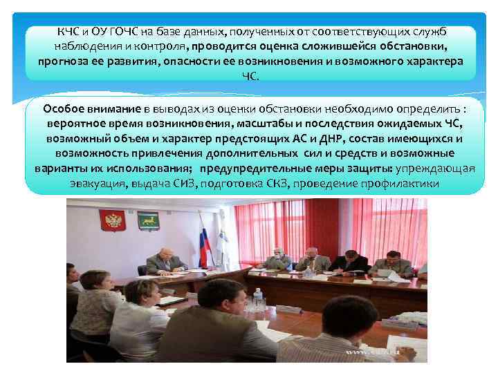 КЧС и ОУ ГОЧС на базе данных, полученных от соответствующих служб наблюдения и контроля,