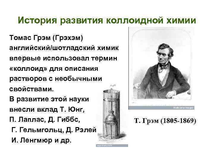История развития коллоидной химии Томас Грэм (Грэхэм) английский/шотладский химик впервые использовал термин «коллоид» для