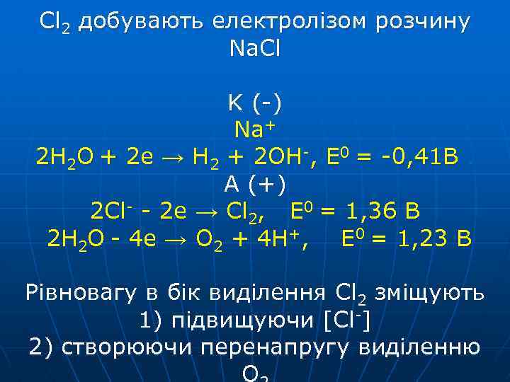 Cl 2 добувають електролізом розчину Na. Cl K (-) Na+ 2 H 2 O