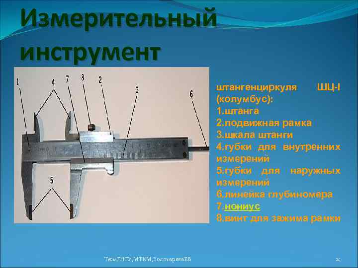 Измерительный инструмент штангенциркуля ШЦ-I (колумбус): 1. штанга 2. подвижная рамка 3. шкала штанги 4.