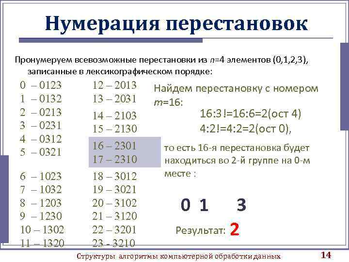 Нумерация перестановок Пронумеруем всевозможные перестановки из n=4 элементов (0, 1, 2, 3), записанные в