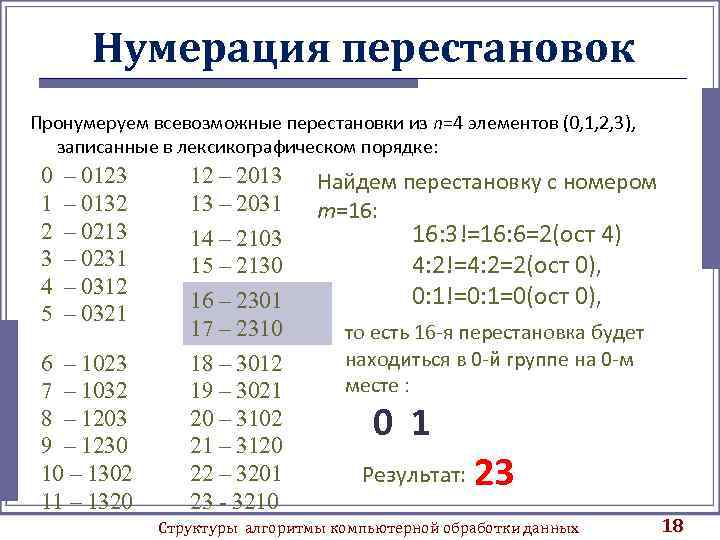 Нумерация перестановок Пронумеруем всевозможные перестановки из n=4 элементов (0, 1, 2, 3), записанные в