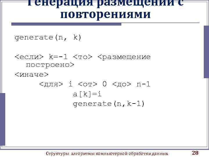 Генерация размещений с повторениями generate(n, k) <если> k=-1 <то> <размещение построено> <иначе> <для> i