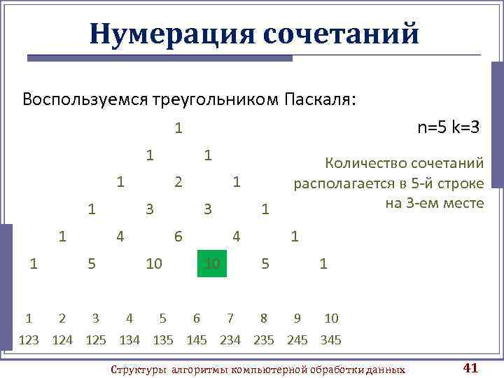 Нумерация сочетаний Воспользуемся треугольником Паскаля: n=5 k=3 1 1 2 1 1 3 3